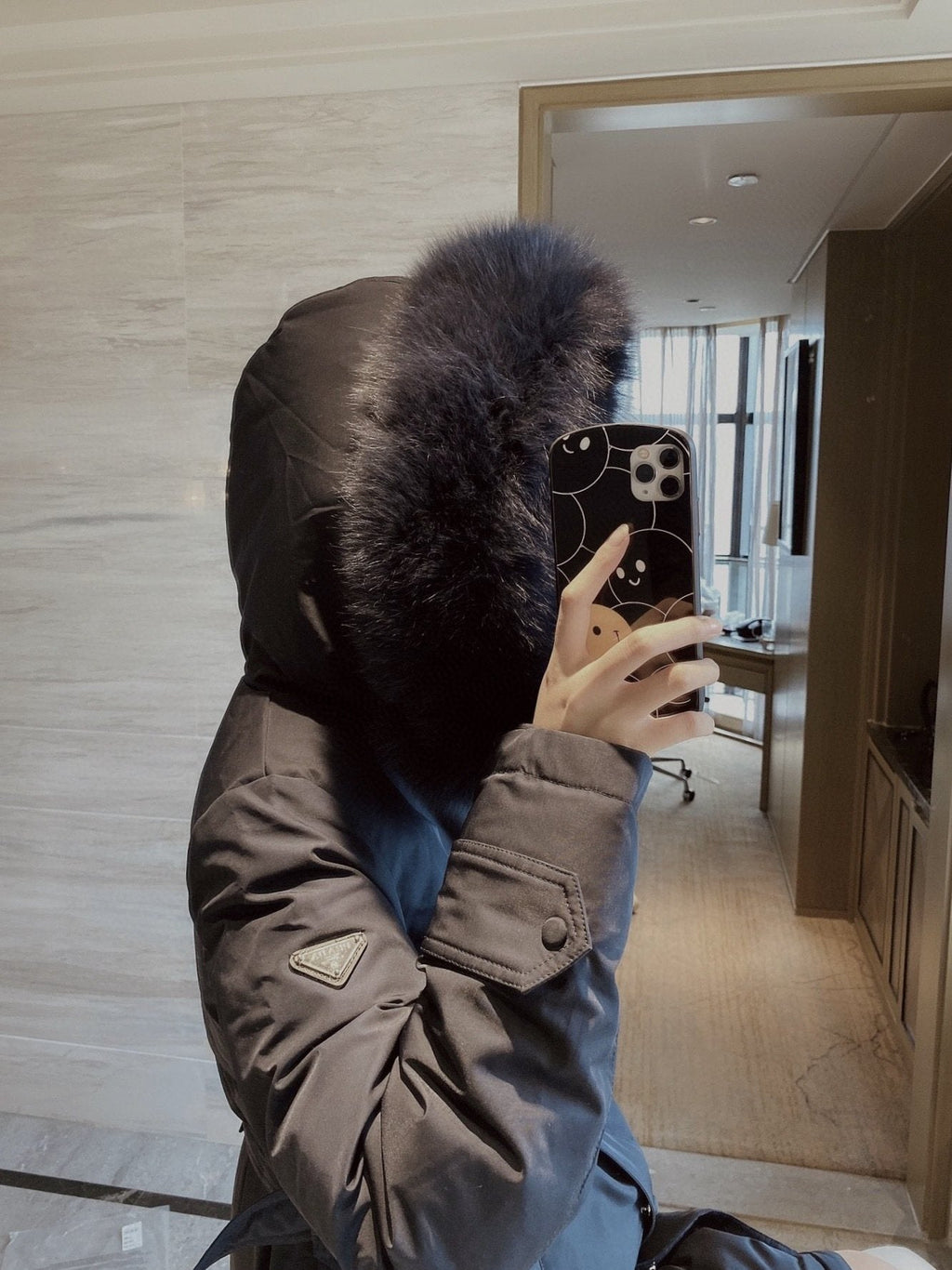 Prada Fur-Trim Hood Belted Long Down Jacket — detail