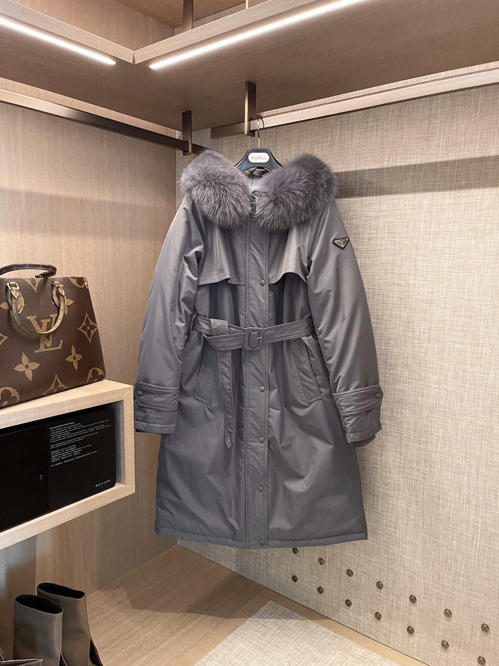 Prada Fur-Trim Hood Belted Long Down Jacket — hero