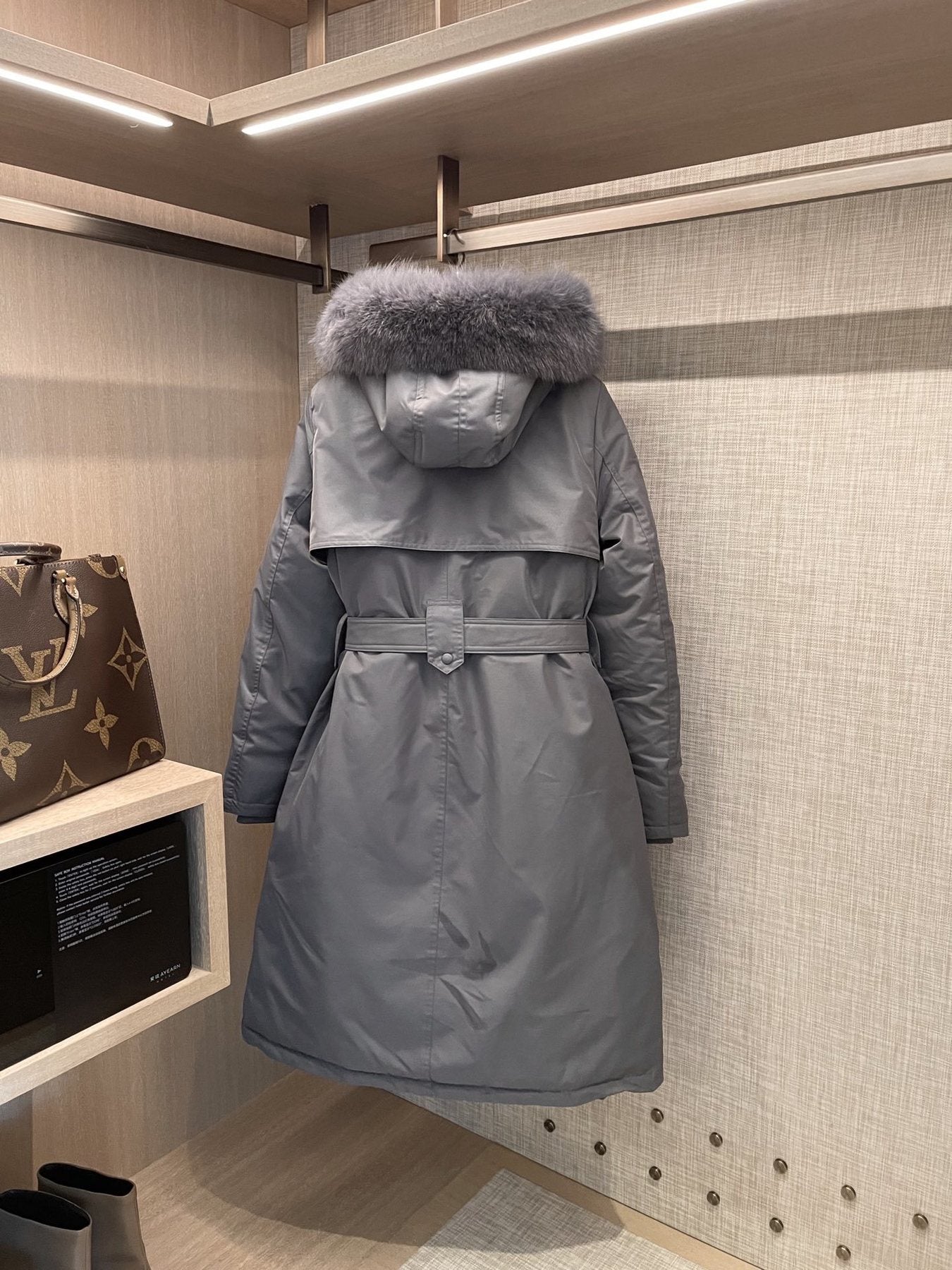 Prada Fur-Trim Hood Belted Long Down Jacket — back