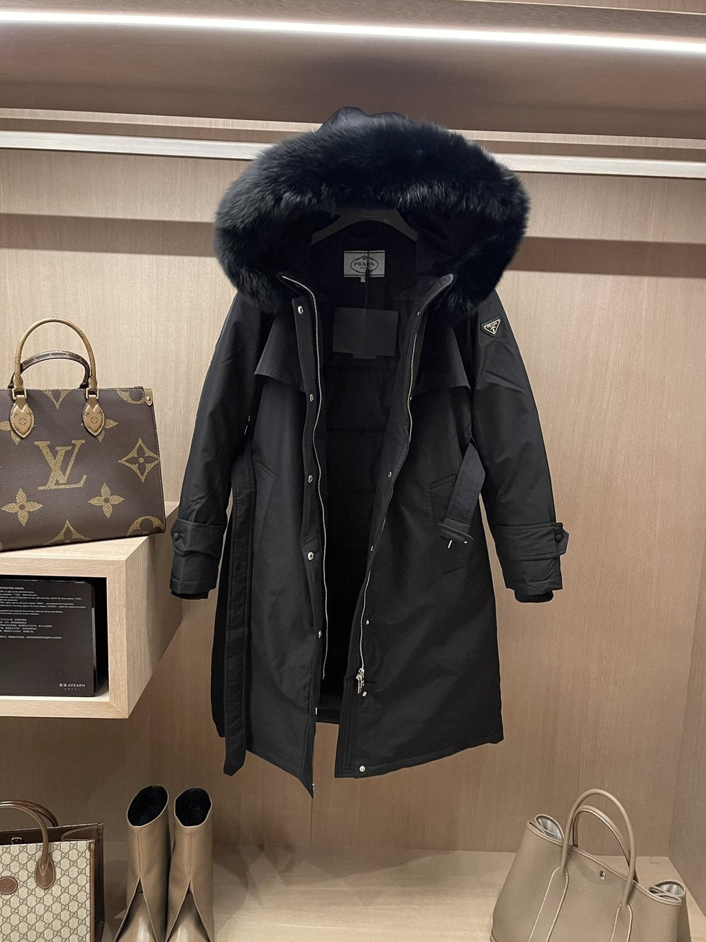 Prada Fur-Trim Hood Belted Long Down Jacket — detail
