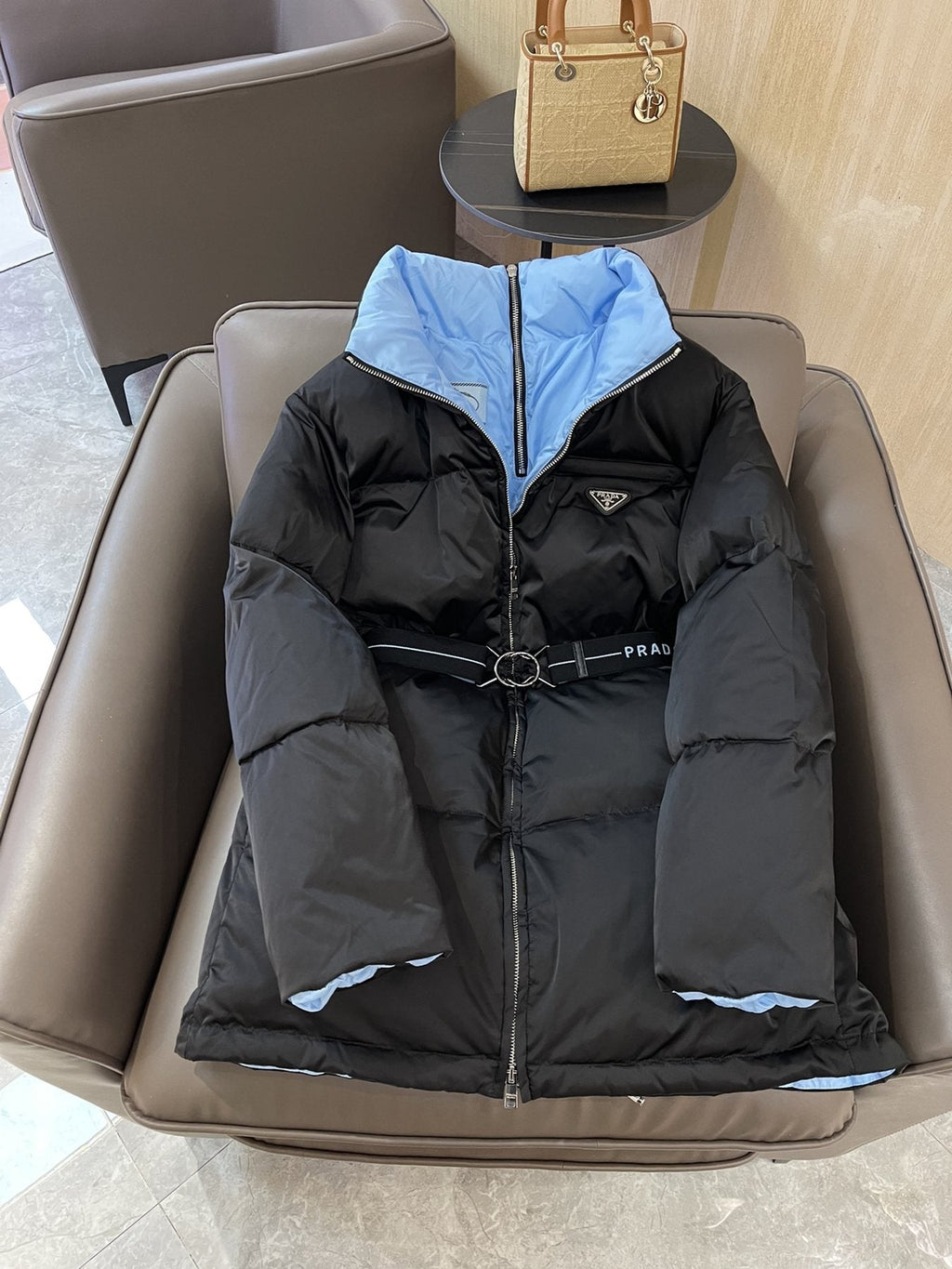 Prada Reversible Belted Long Puffer Jacket — front