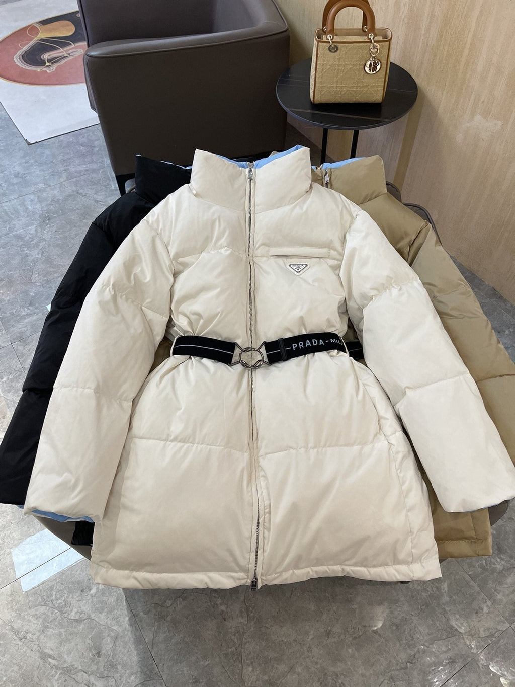 Prada Reversible Belted Long Puffer Jacket — hero