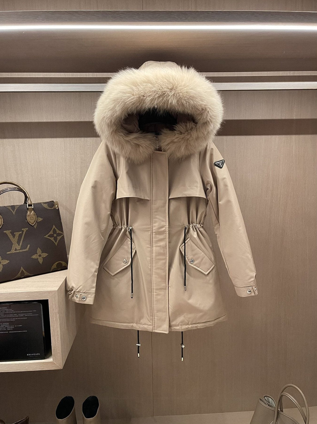 Prada Detachable Fox Fur-Trim Hood Long Down Jacket — front