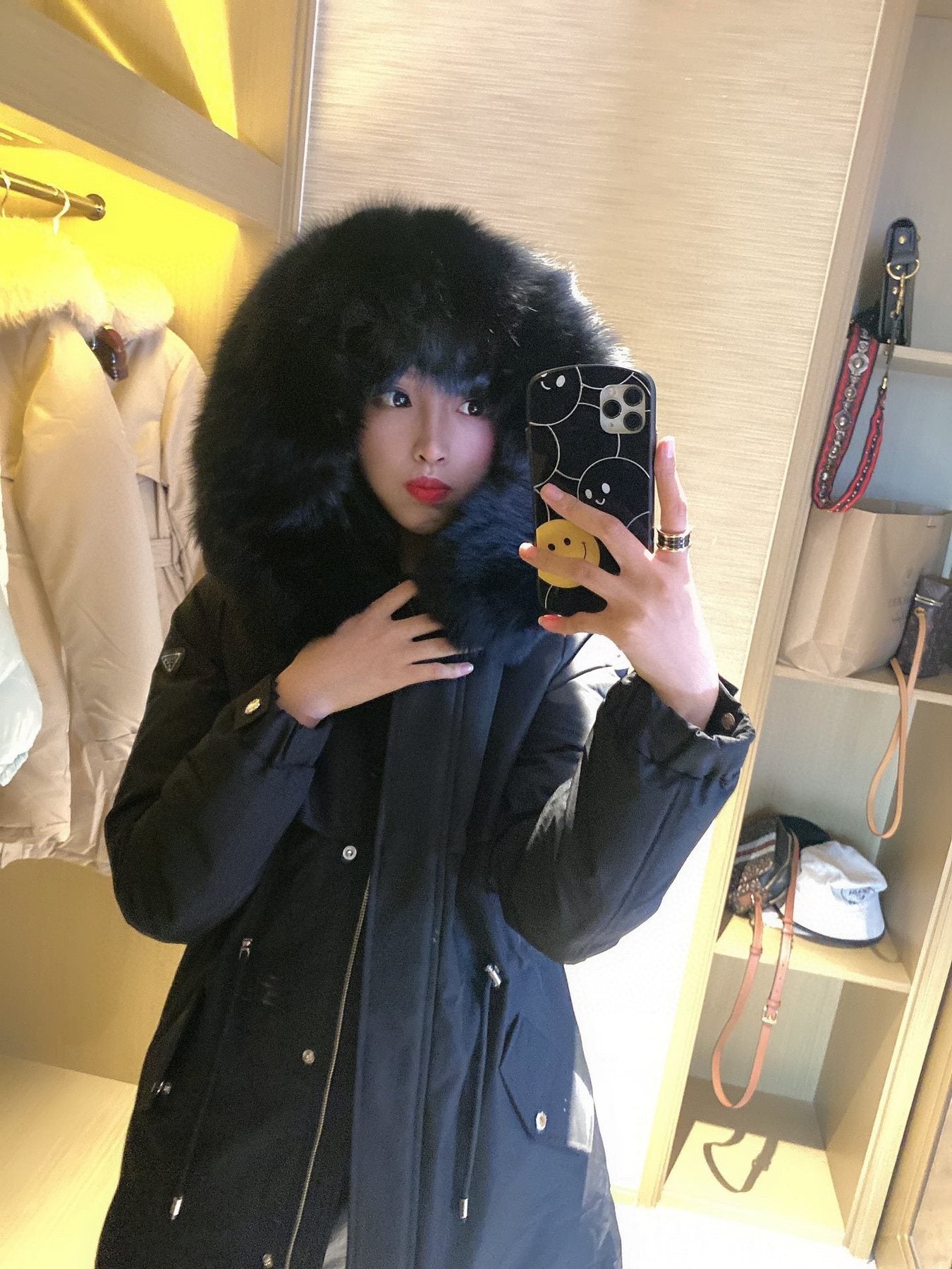 Prada Detachable Fox Fur-Trim Hood Long Down Jacket — detail