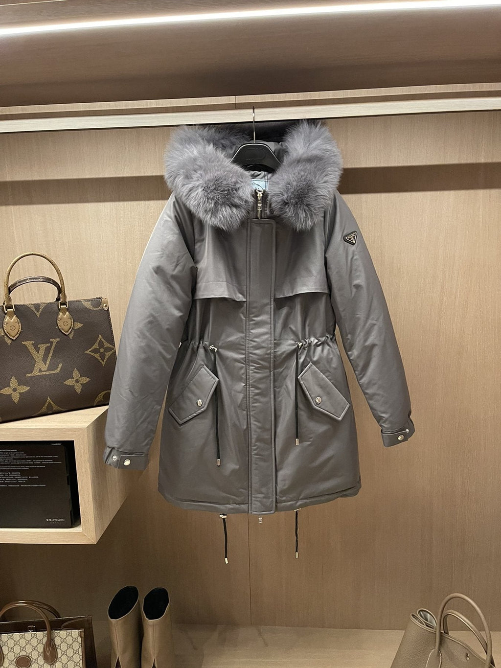 Prada Detachable Fox Fur-Trim Hood Long Down Jacket — front