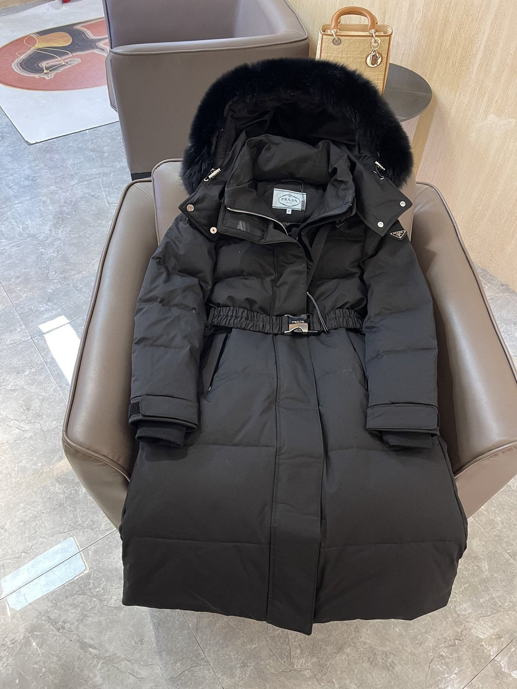Prada Fur-Trim Belted Long Down Jacket — front