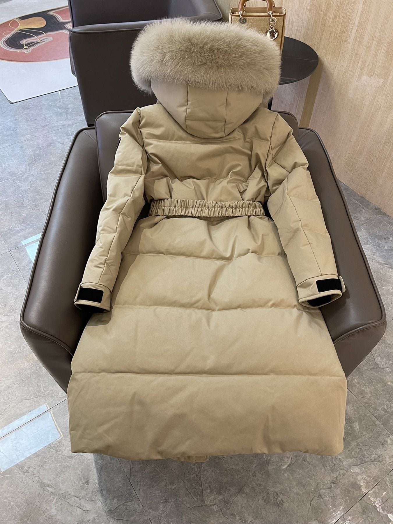 Prada Fur-Trim Belted Long Down Jacket — back