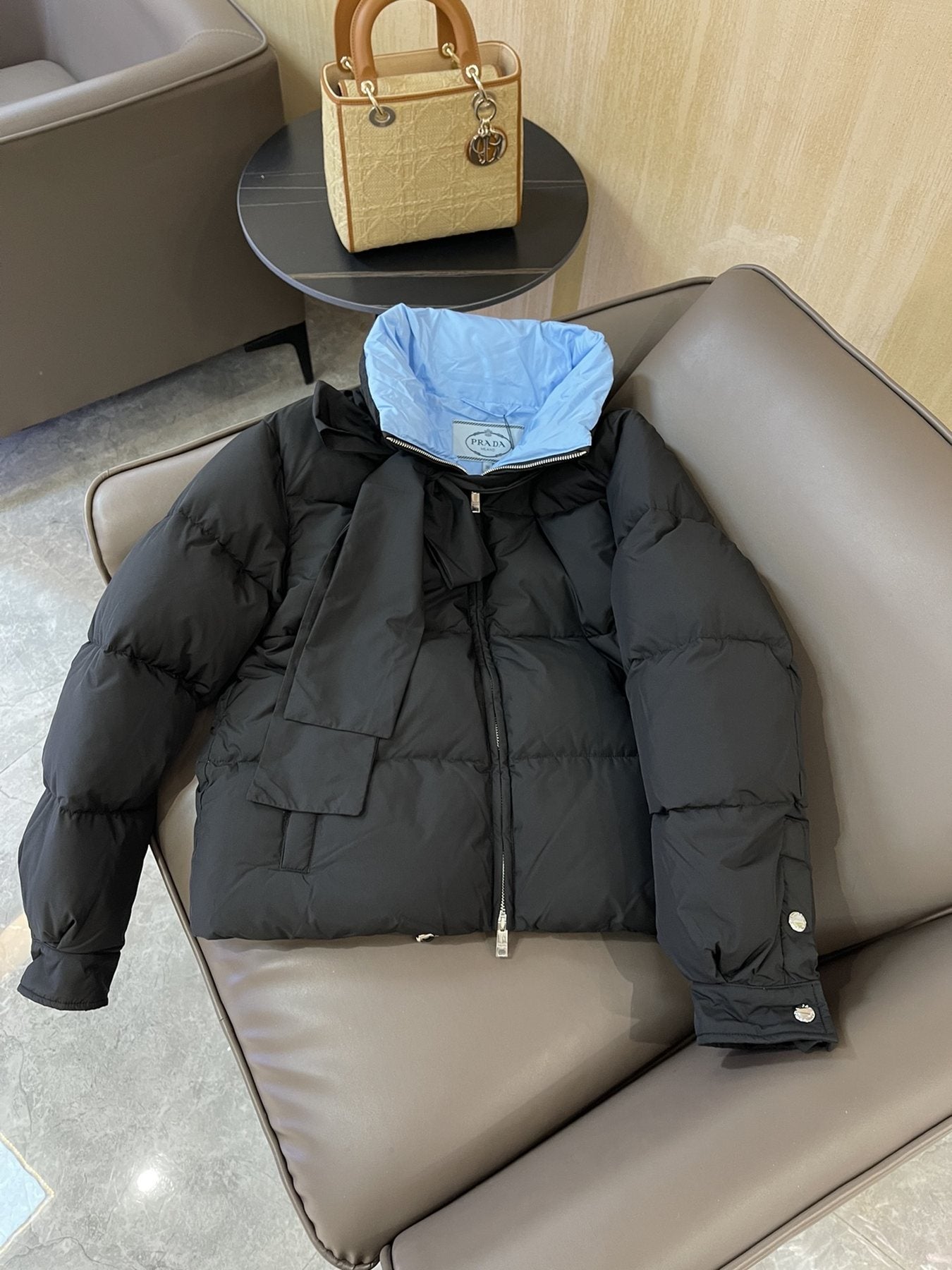 Prada Reversible Cropped Puffer Jacket with Removable Bow Scarf — front