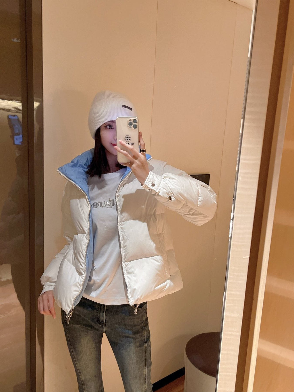 Prada Reversible Cropped Puffer Jacket with Removable Bow Scarf — context