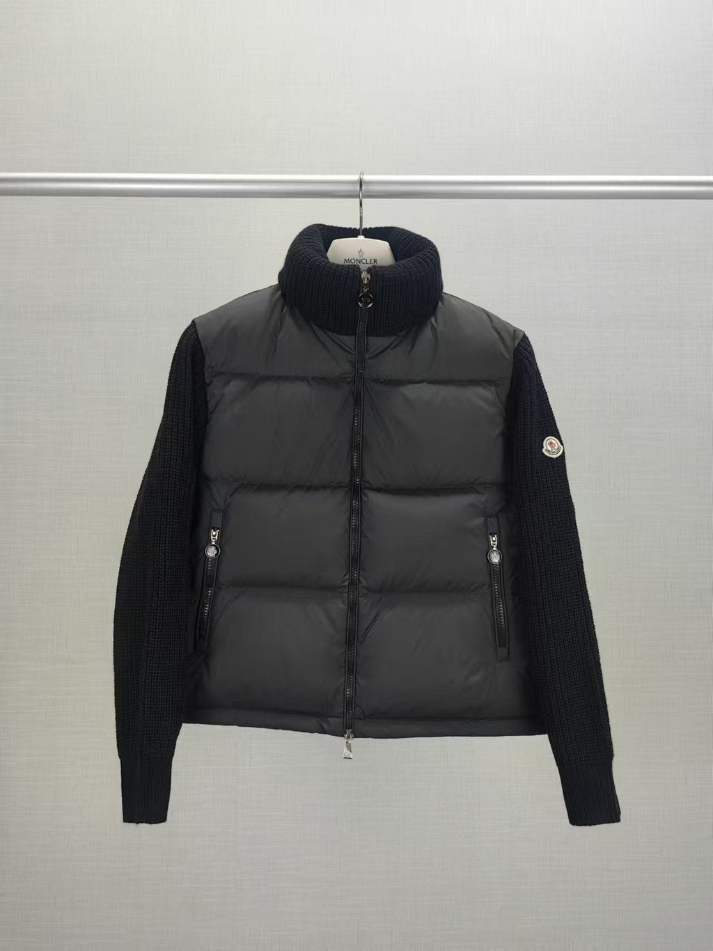 Moncler Women's High-Collar Knit-Sleeve Down Jacket — hero