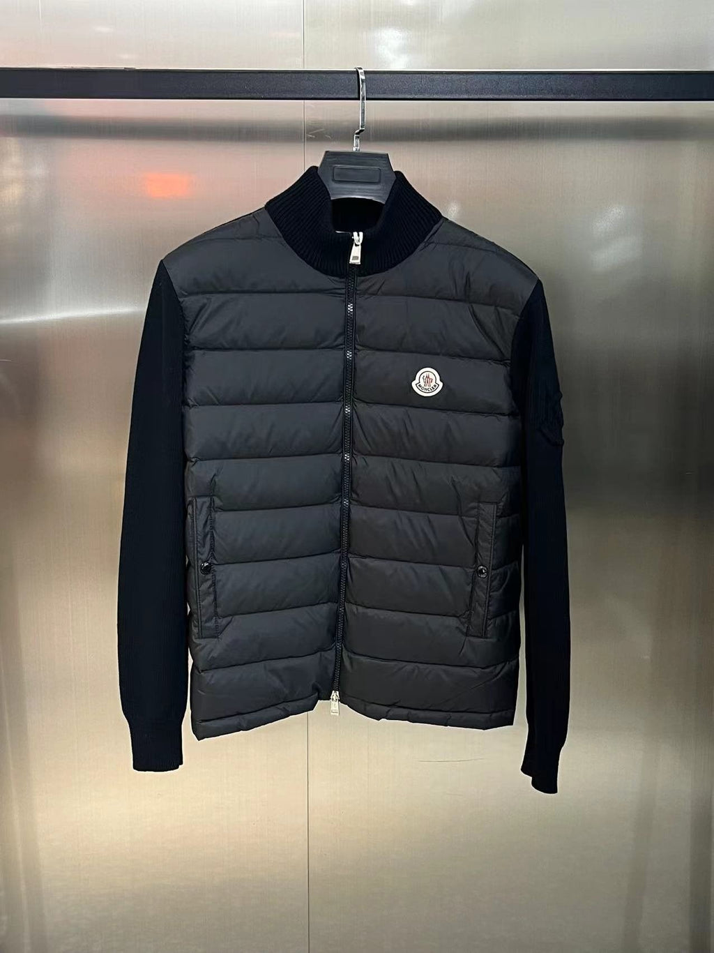 Moncler Quilted Knit-Sleeve Down Jacket — front