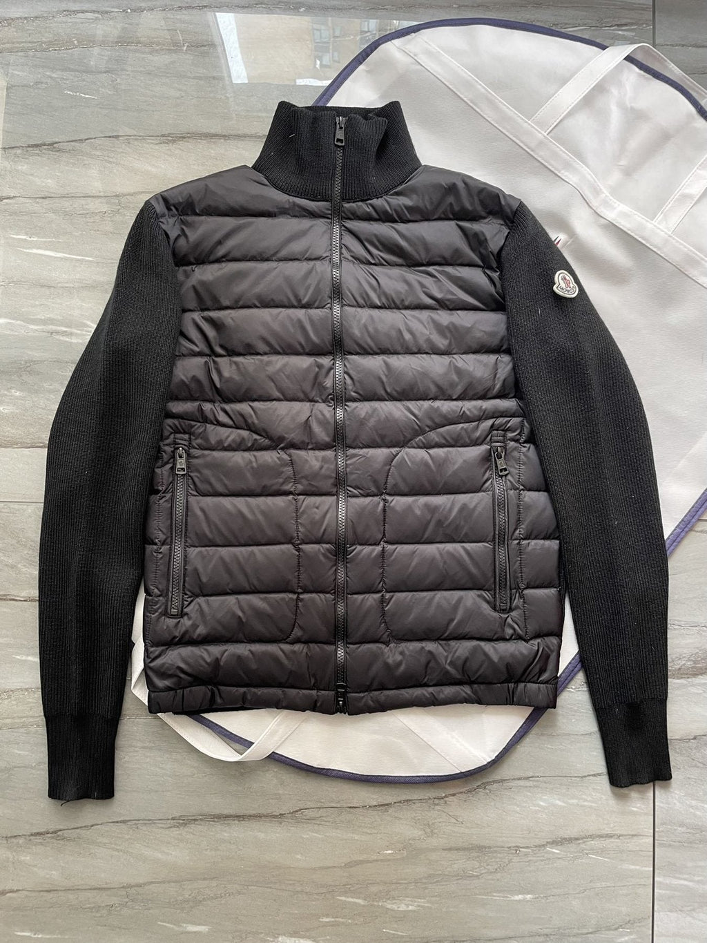 Moncler Black Hybrid Padded Knit Zip Jacket — front
