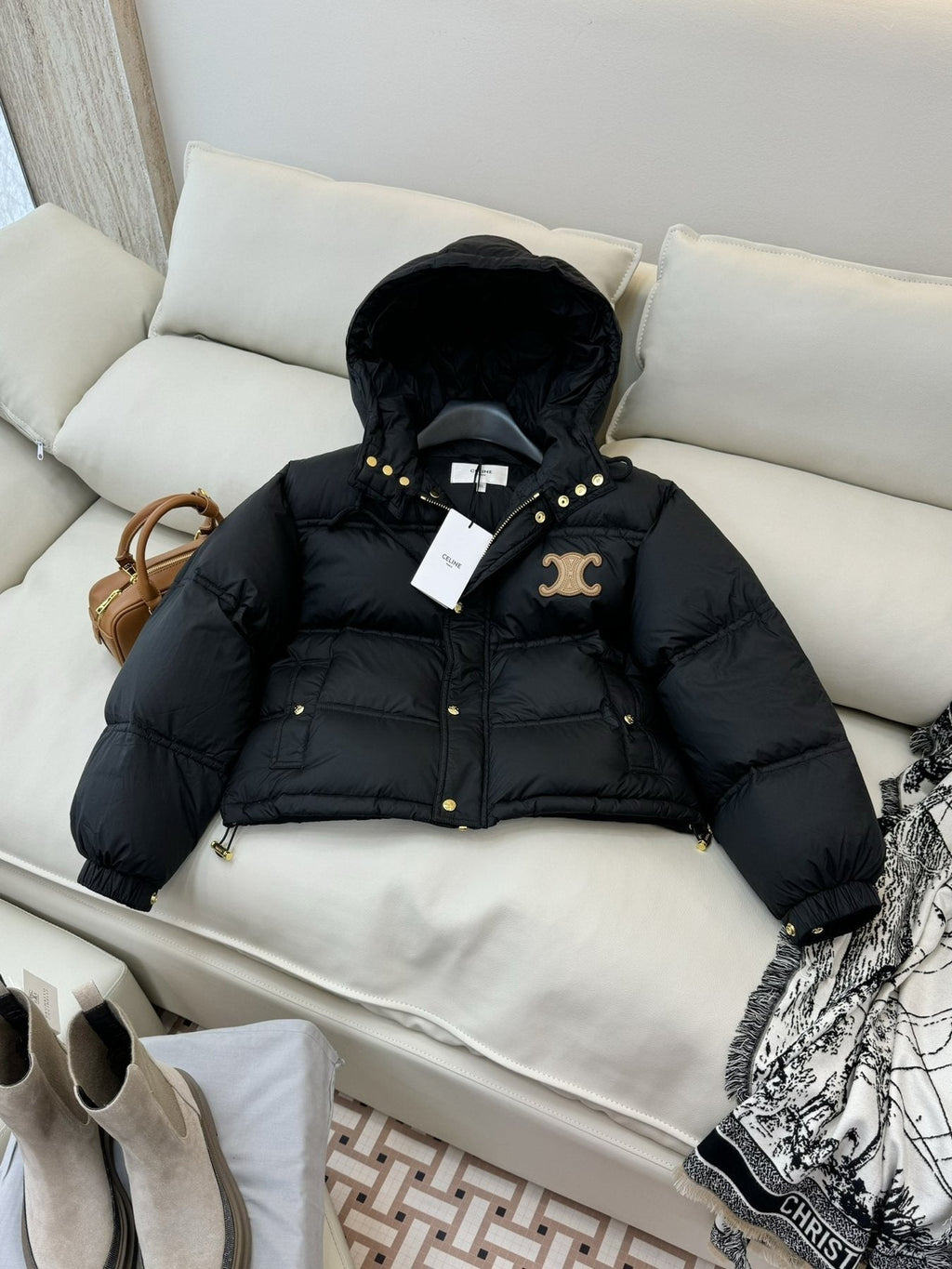CEL*NE Down Coat Cropped Hooded Puffer Coat — detail