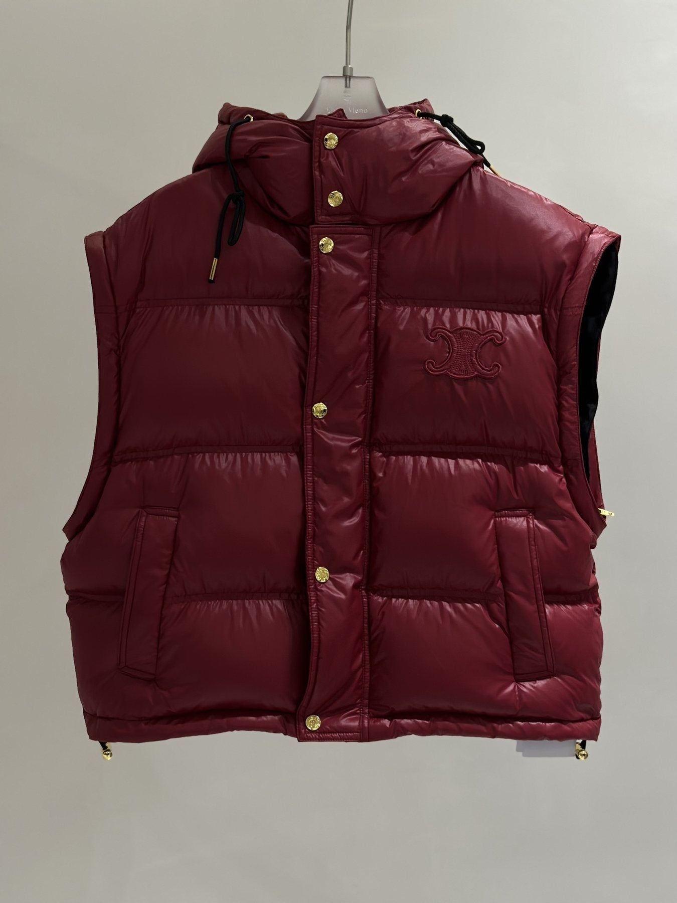 CEL*NE Down Coat Glossy Hooded Quilted Puffer Vest with Gold Buttons — side
