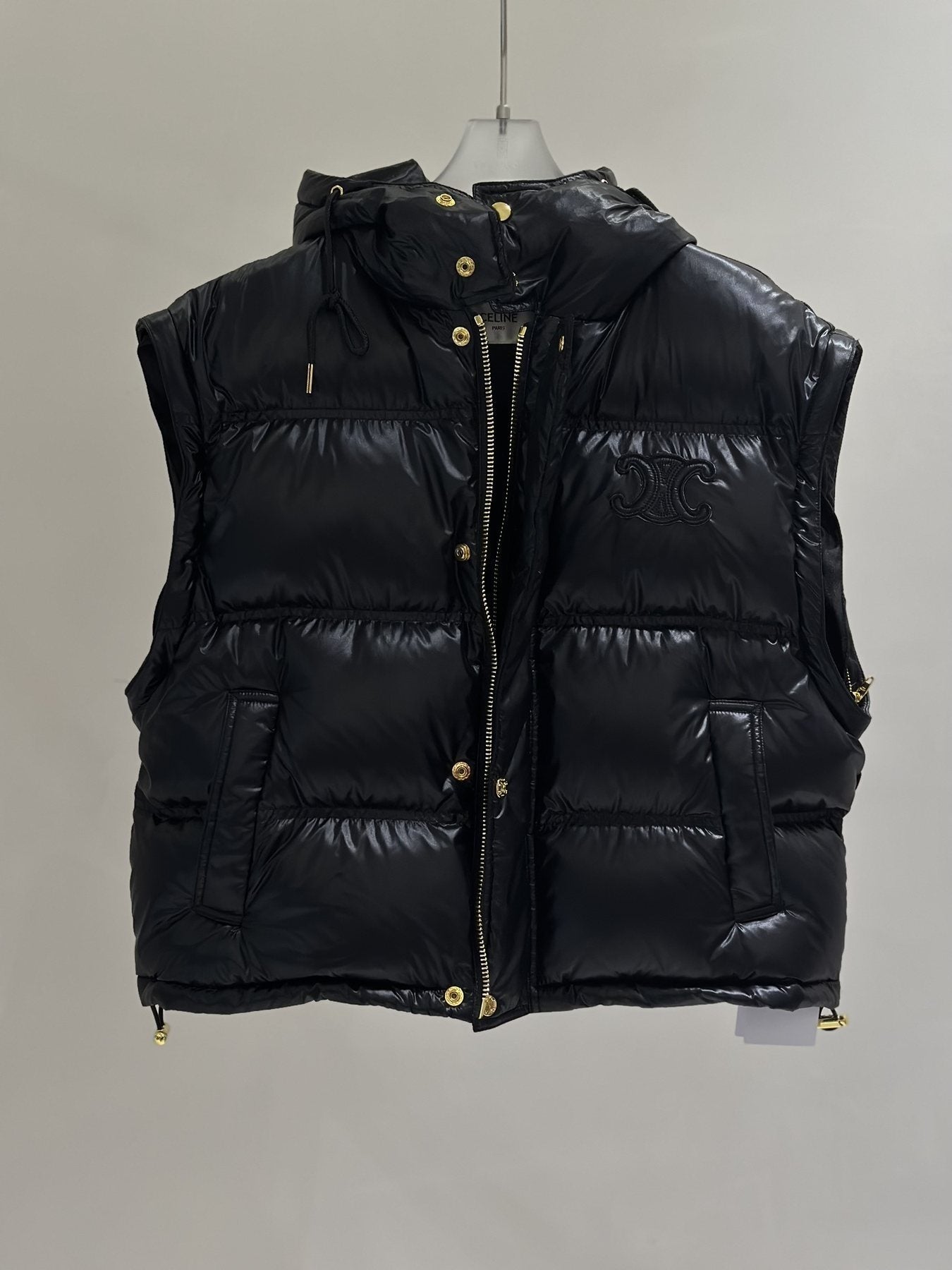 CEL*NE Down Coat Glossy Hooded Quilted Puffer Vest with Gold Buttons — front