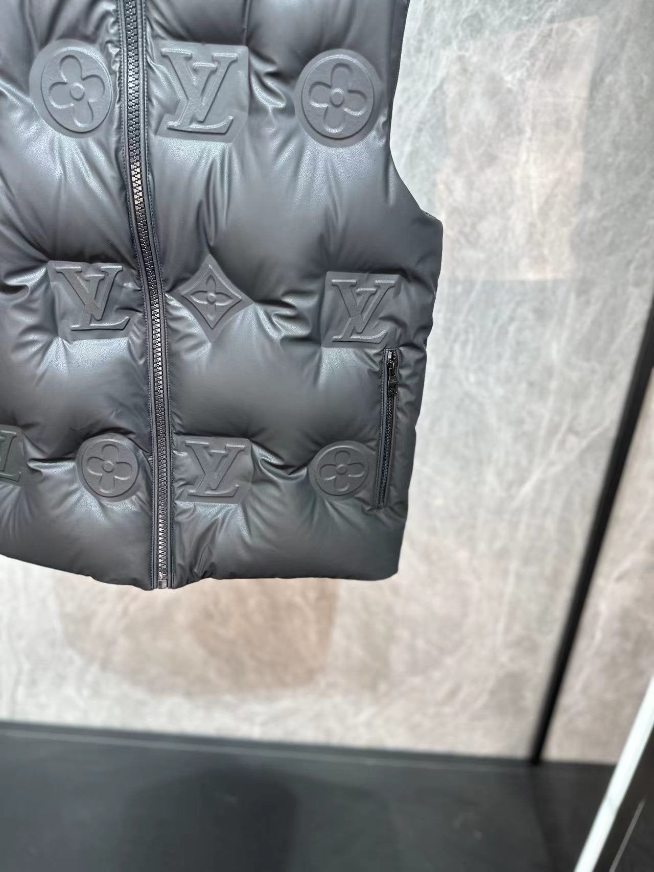LV Tonal Monogram Hooded Quilted Vest — fabric_closeup