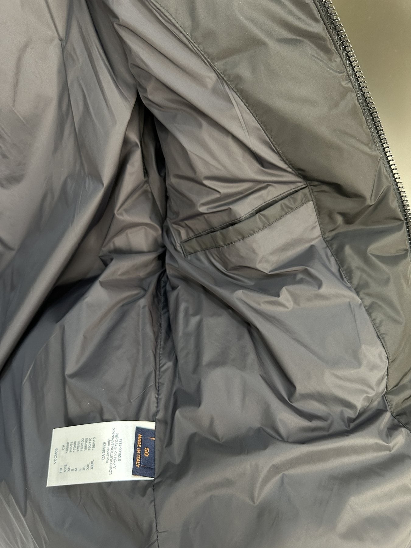 LV Hooded Monogram-Panel Puffer Coat — hang_tag