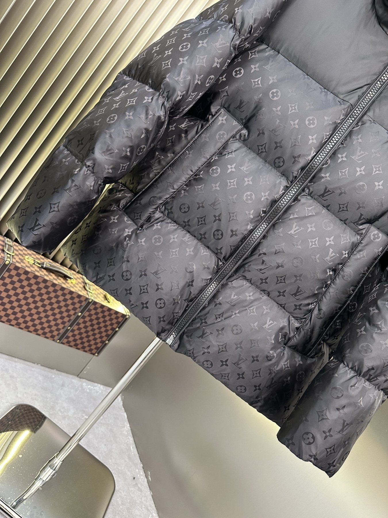 LV Hooded Monogram-Panel Puffer Coat — detail