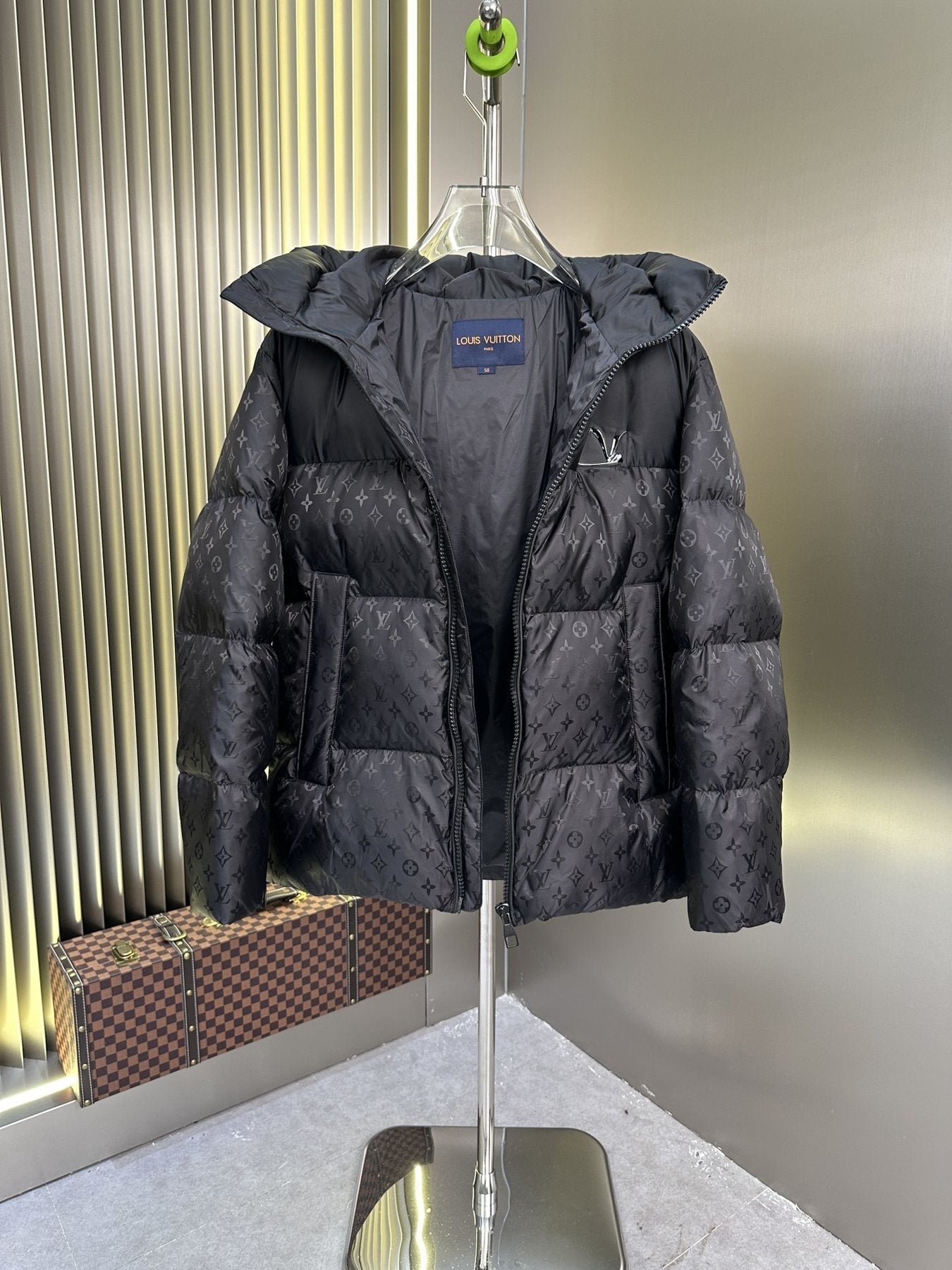 LV Hooded Monogram-Panel Puffer Coat — detail