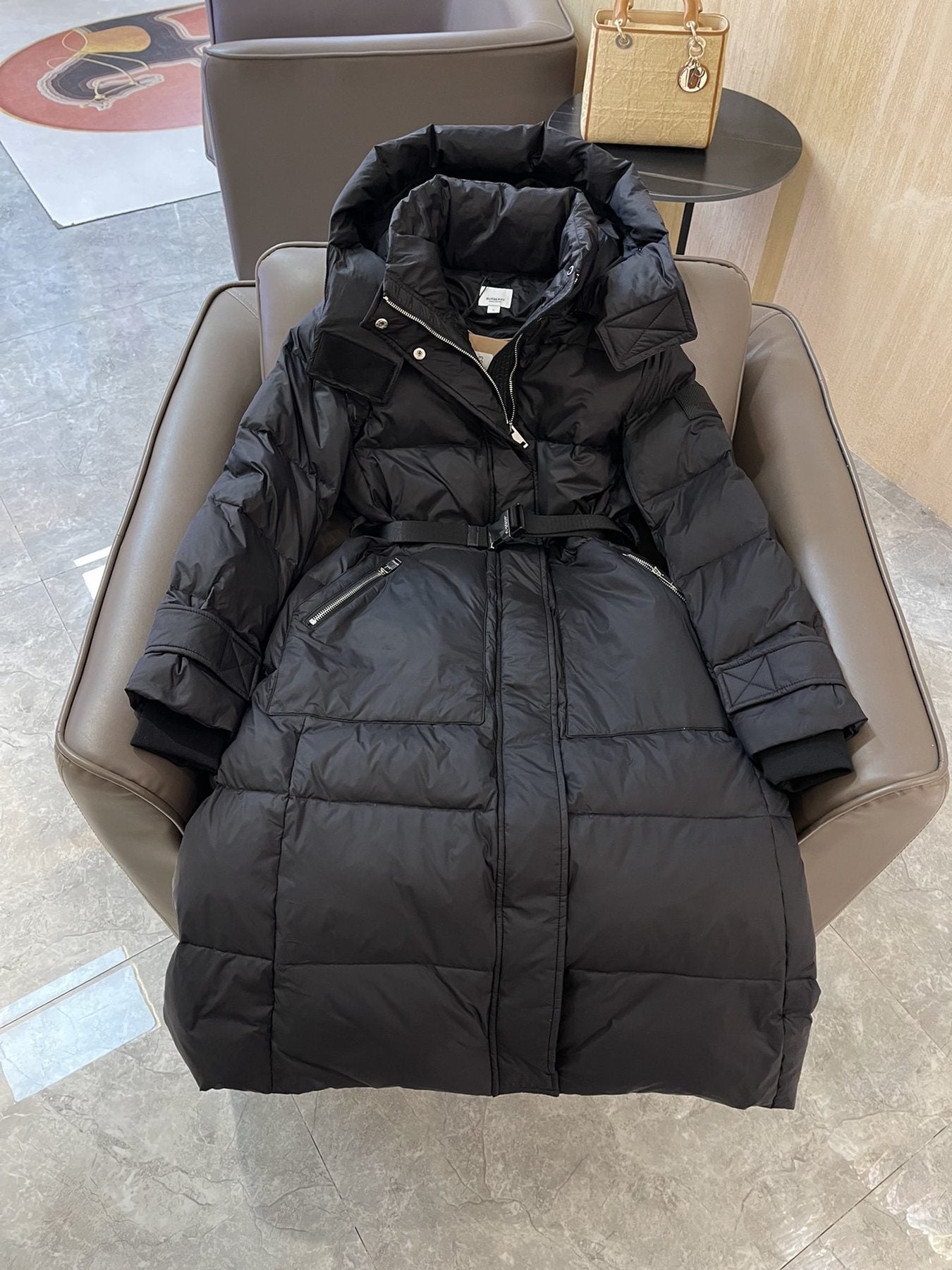 Burberry Hooded Belted Long Down Jacket — detail