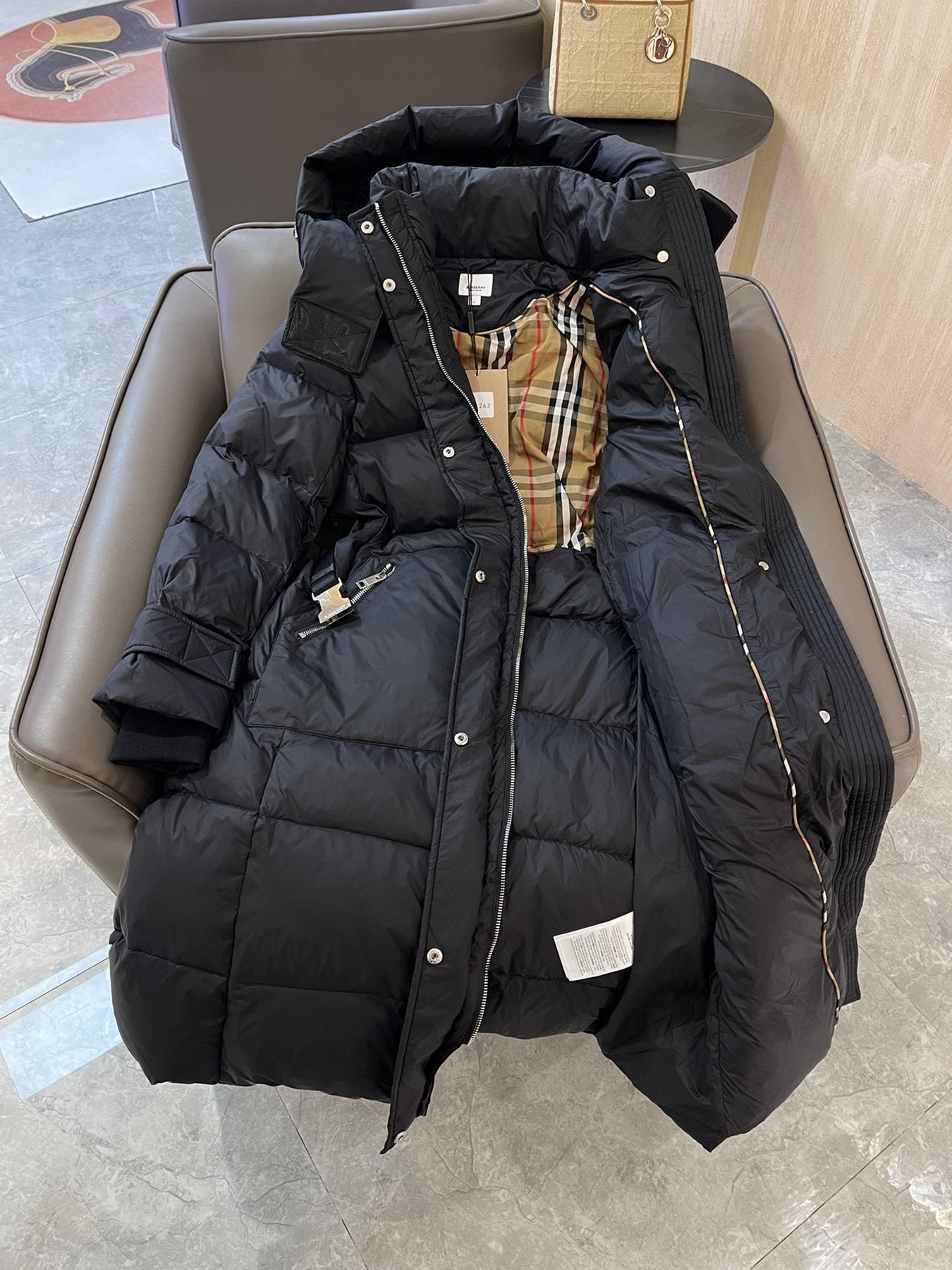 Burberry Hooded Belted Long Down Jacket — detail