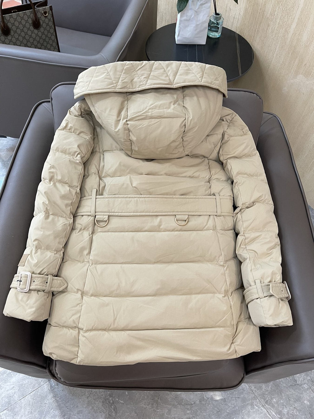 Burberry Belted Hooded Quilted Down Jacket — back