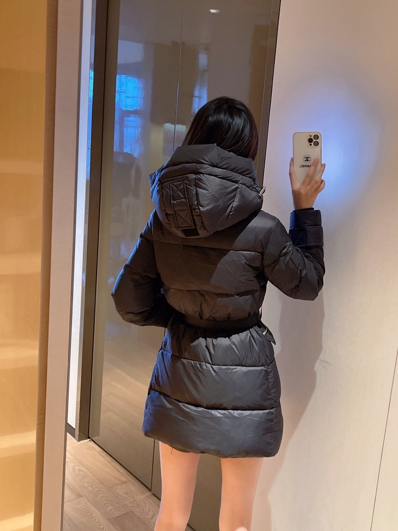 Burberry Belted Hooded Long Down Jacket — context