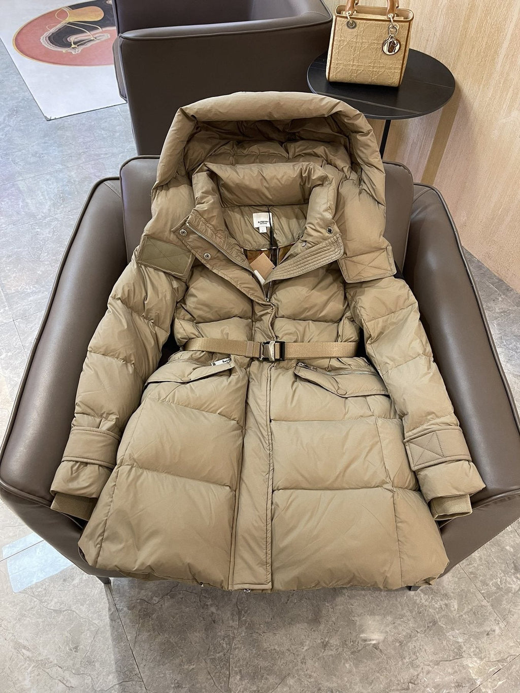 Burberry Belted Hooded Long Down Jacket — detail
