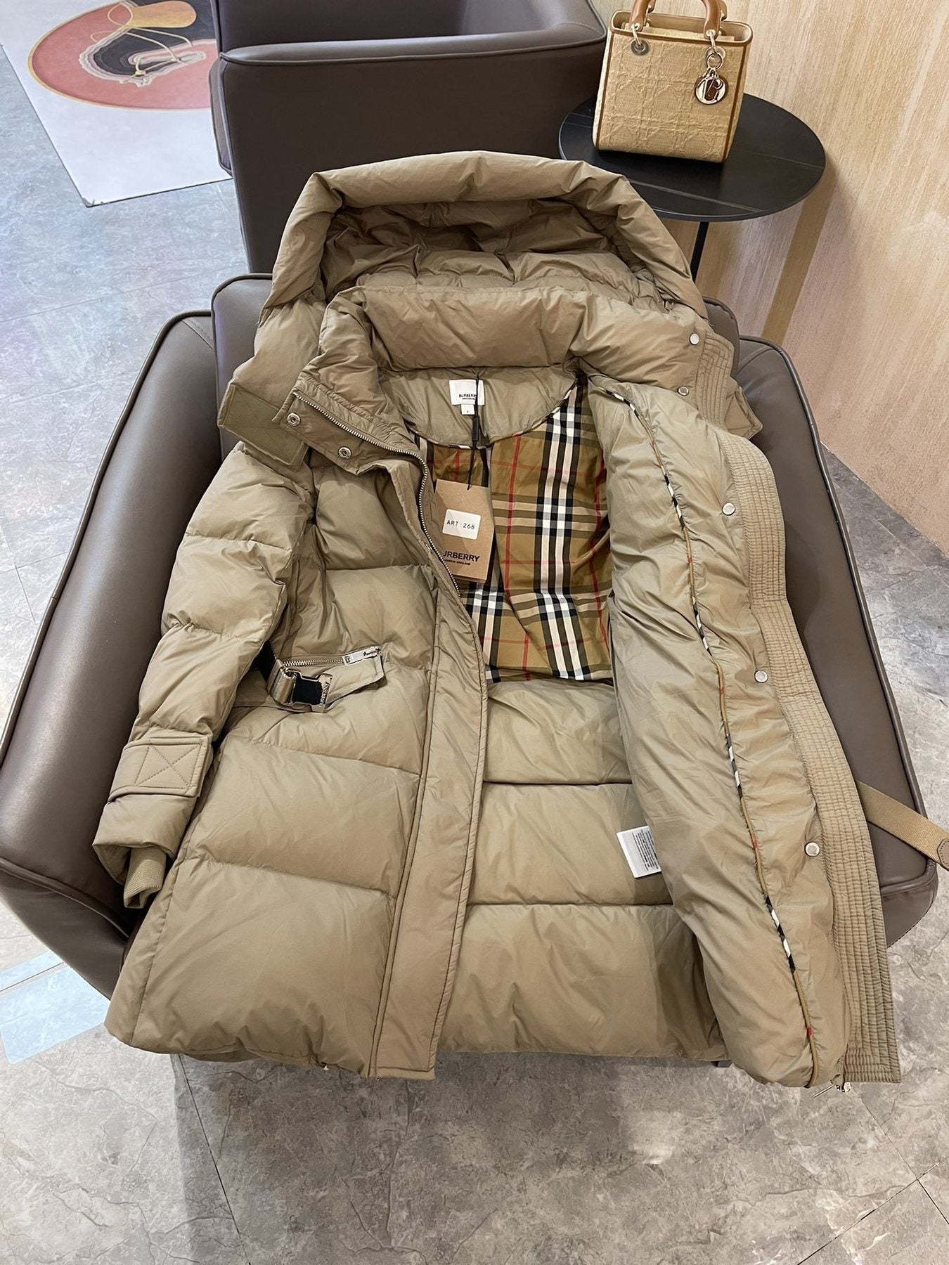 Burberry Belted Hooded Long Down Jacket — detail