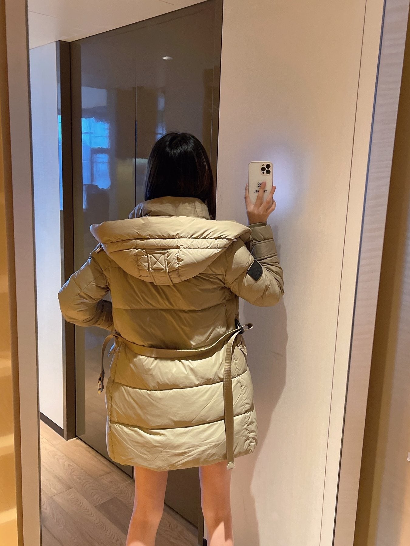 Burberry Belted Hooded Long Down Jacket — context