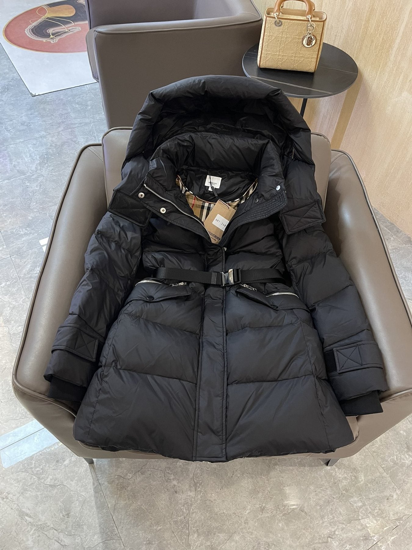 Burberry Belted Hooded Long Down Jacket — detail