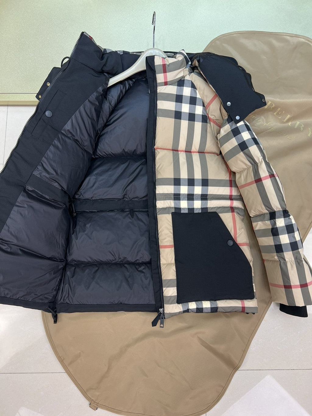 Burberry Reversible Beige Check Hooded Puffer Jacket — detail