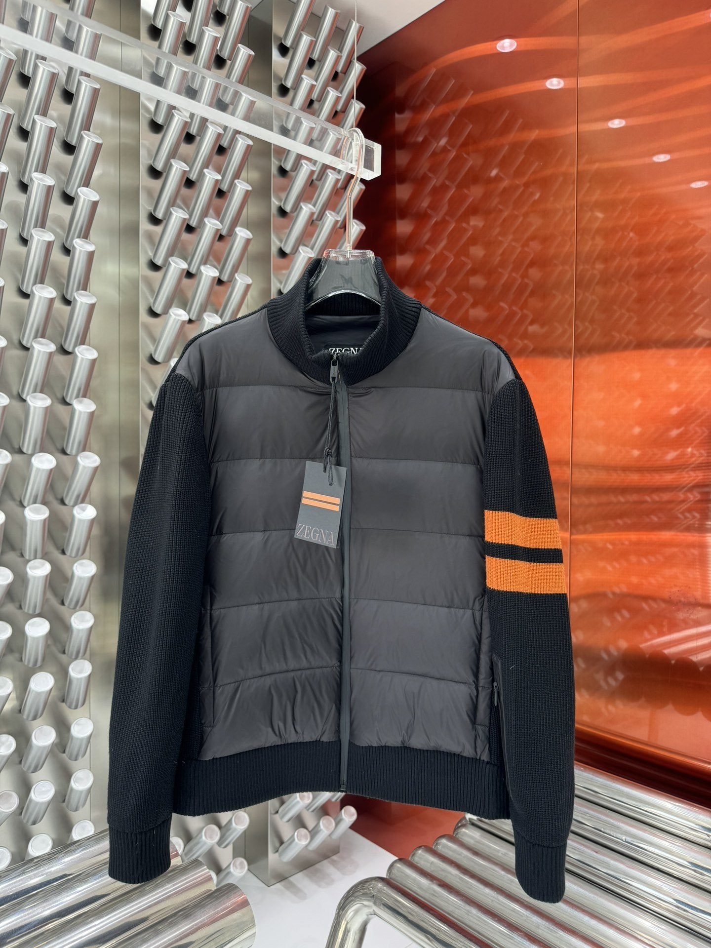 Zegna Striped-Sleeve Hybrid Puffer Coat — hero