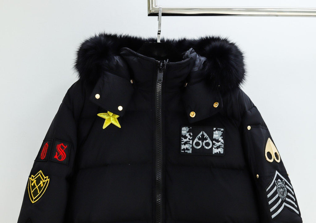 Moose Knuckles Black Fur-Trim Hooded Puffer Jacket — detail