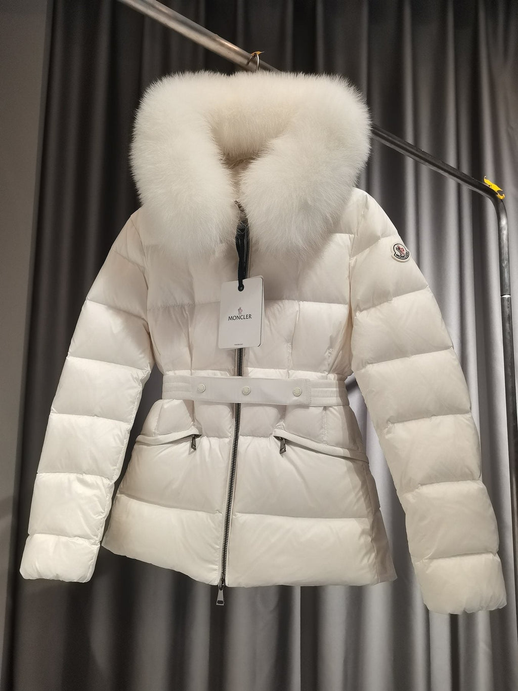 Moncler Fur-Trim Hood Belted Puffer Coat — hang_tag