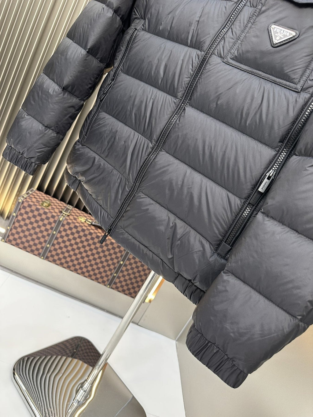 Prada Black Hooded Puffer Jacket — detail
