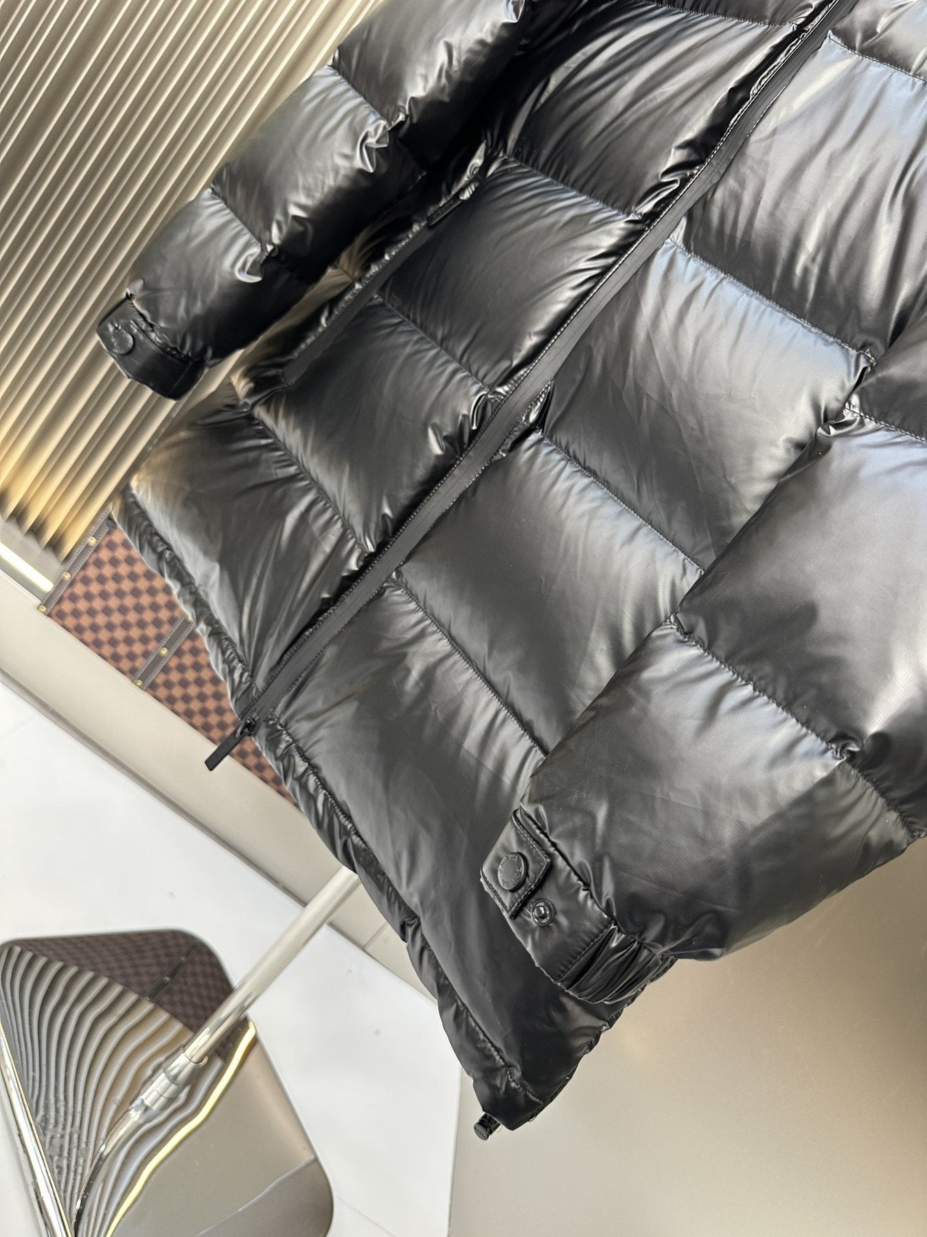 Prada Black Hooded Puffer Jacket — detail