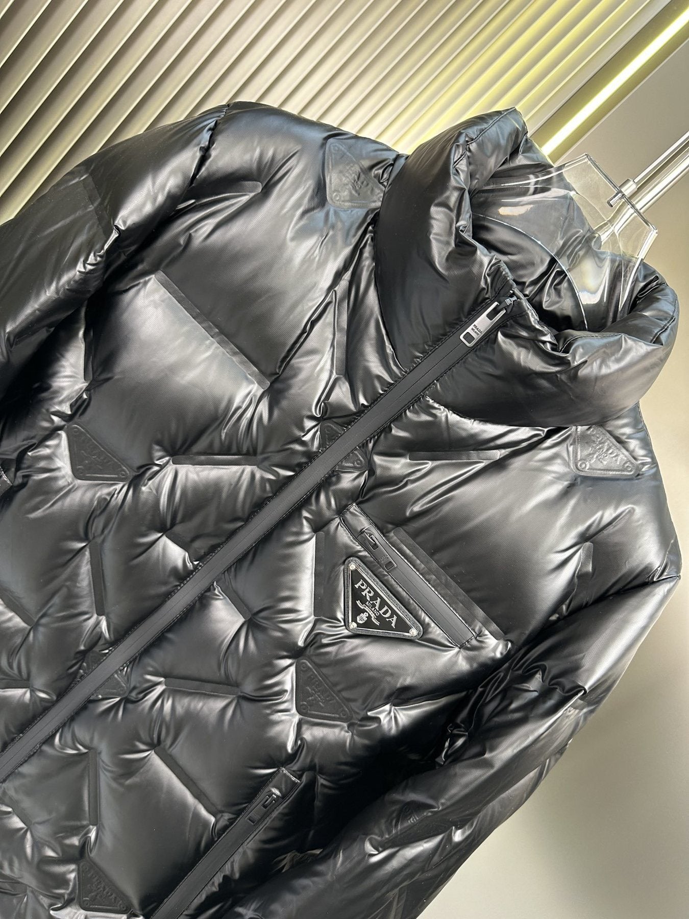 Prada Glossy Diagonal-Quilt Puffer Jacket — detail