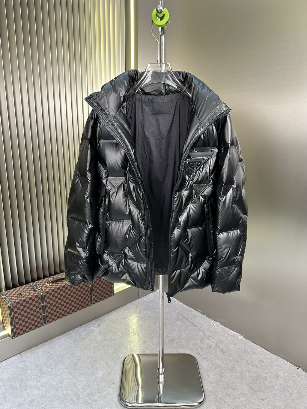 Prada Glossy Diagonal-Quilt Puffer Jacket — detail