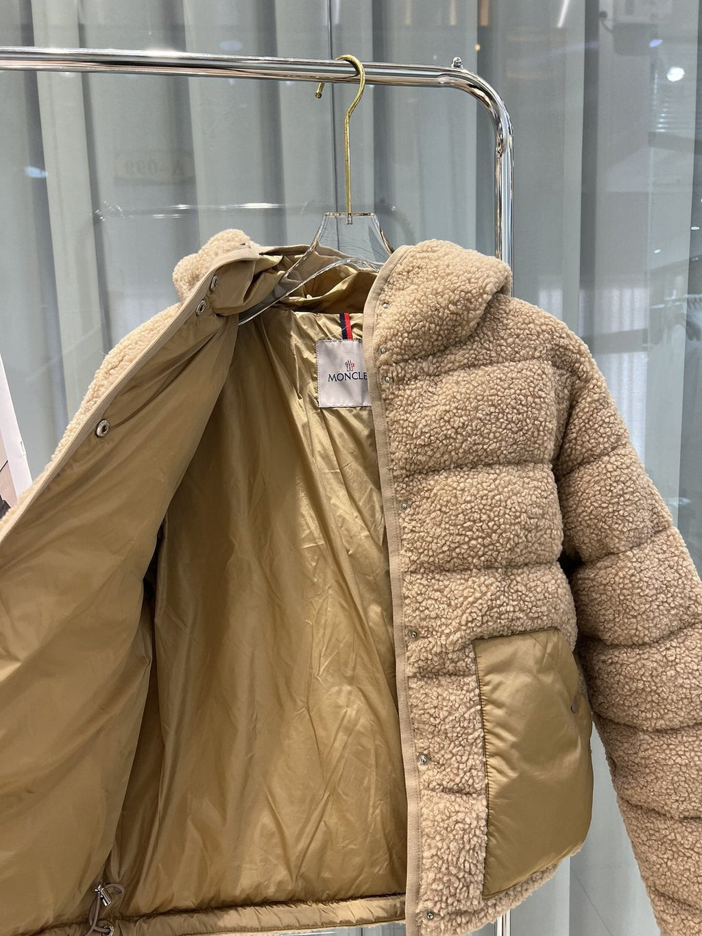 Moncler Beige Sherpa Hooded Puffer Coat — detail