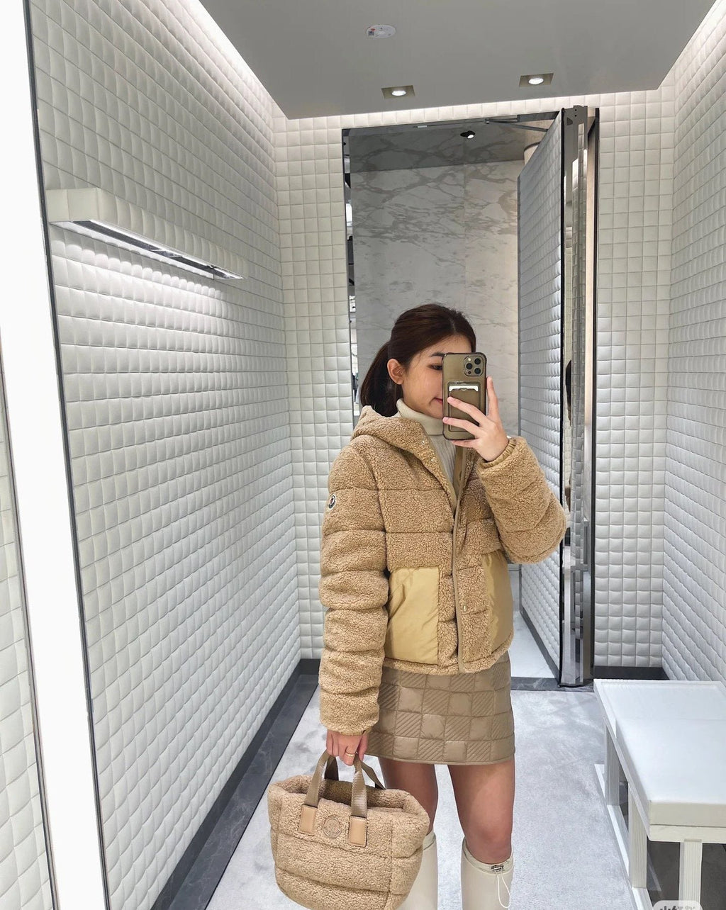 Moncler Beige Sherpa Hooded Puffer Coat — context