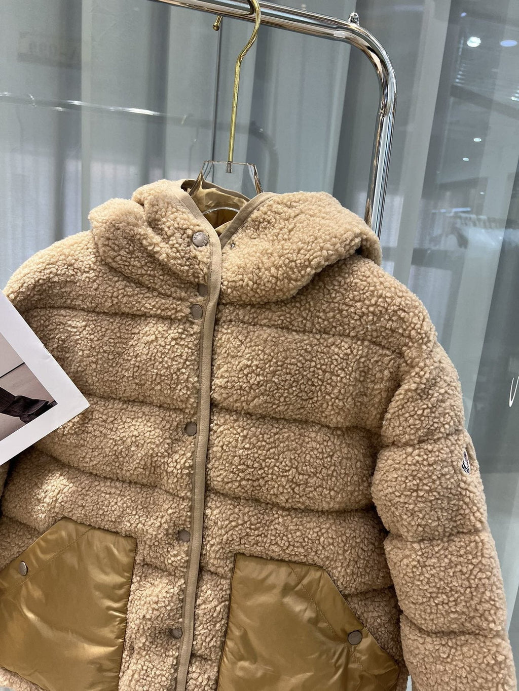 Moncler Beige Sherpa Hooded Puffer Coat — front