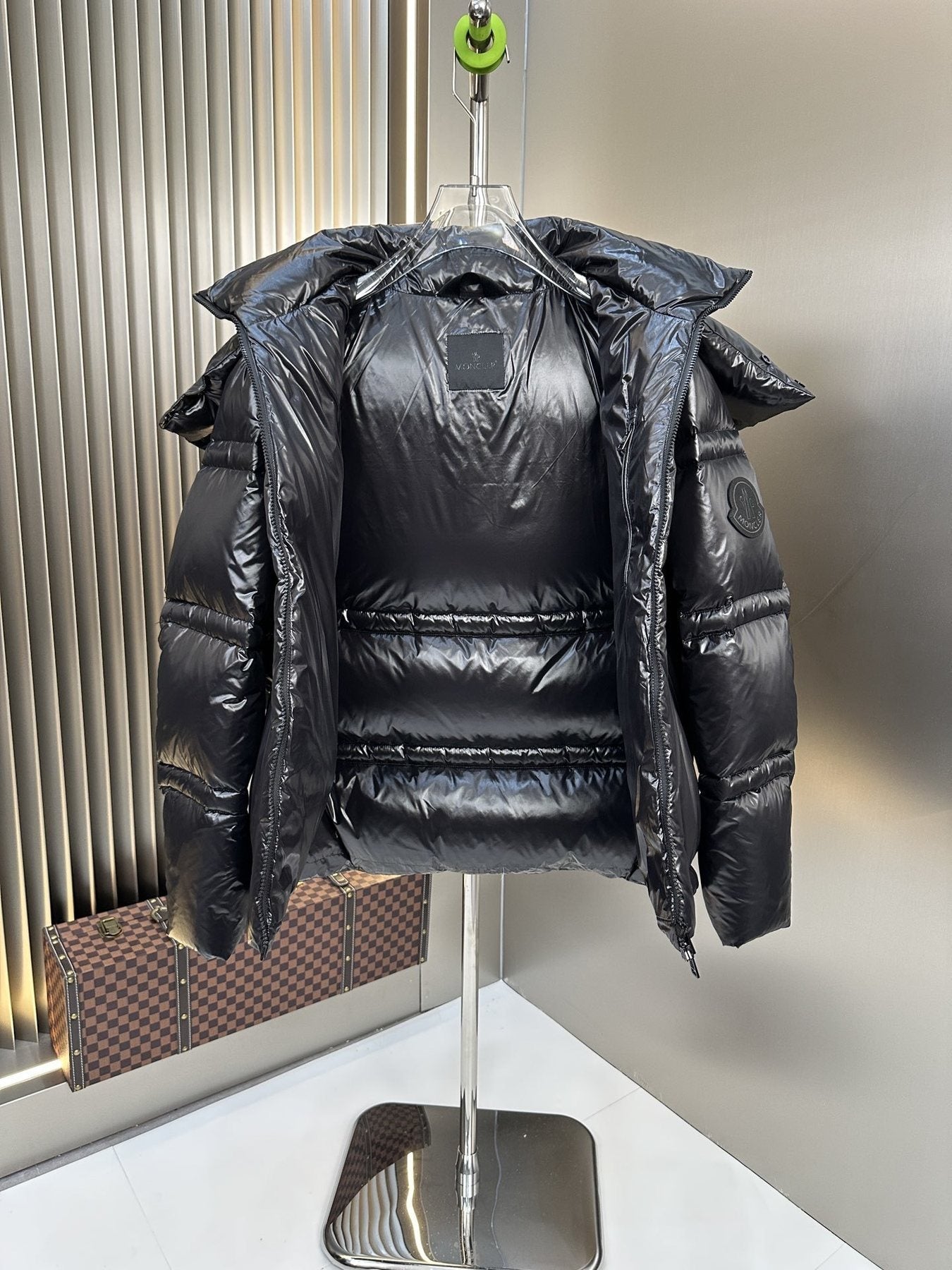 Moncler Black Glossy Hooded Puffer Coat — detail