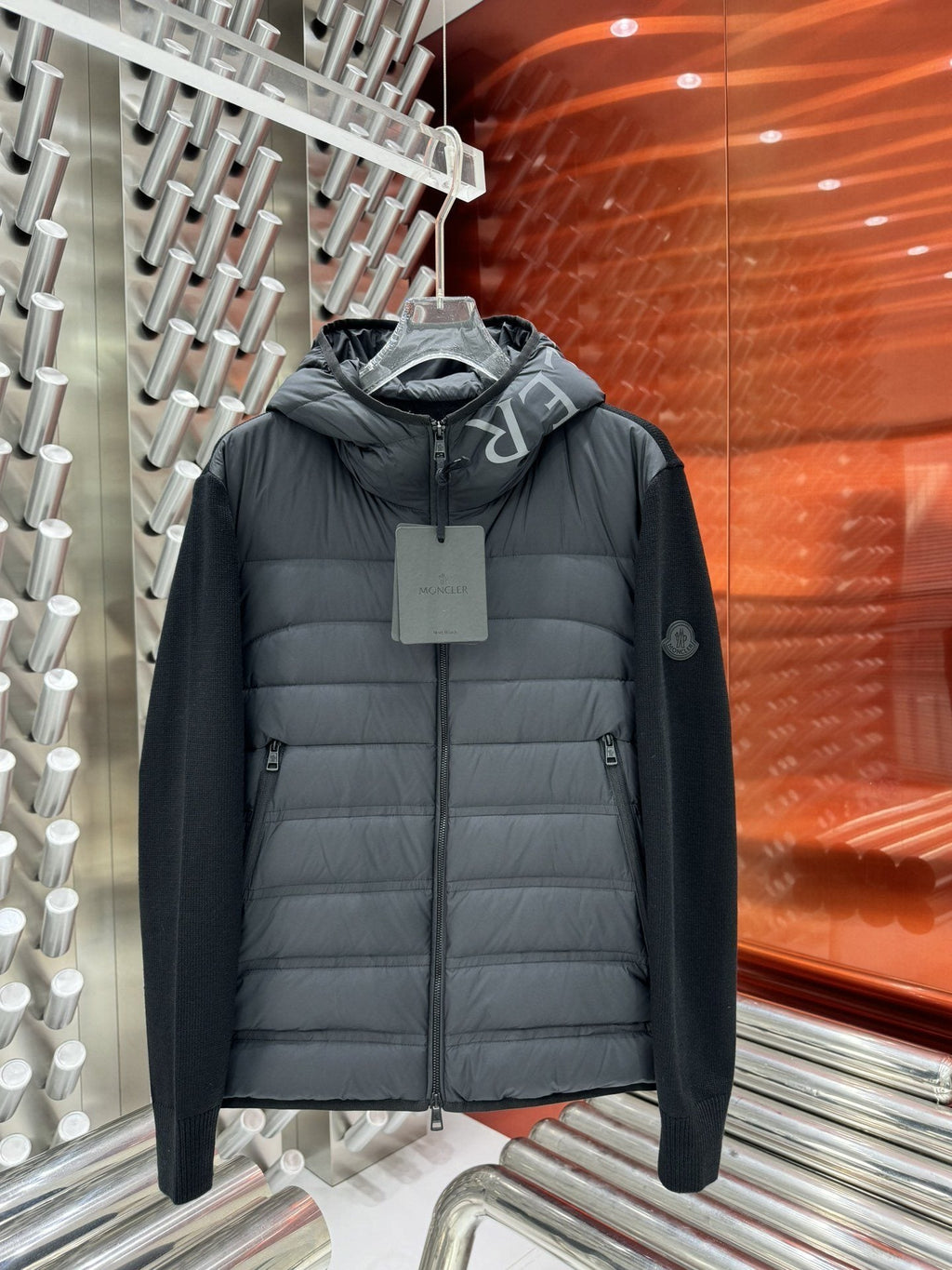 Moncler Grey Quilted Knit-Sleeve Hooded Puffer Jacket — hero