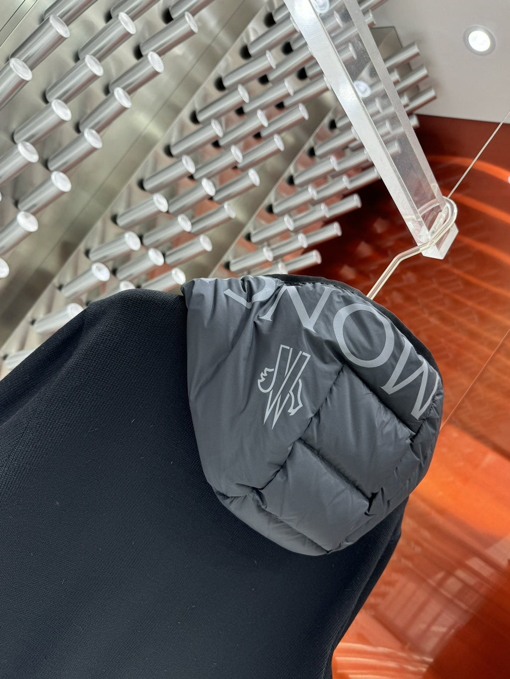 Moncler Grey Quilted Knit-Sleeve Hooded Puffer Jacket — detail