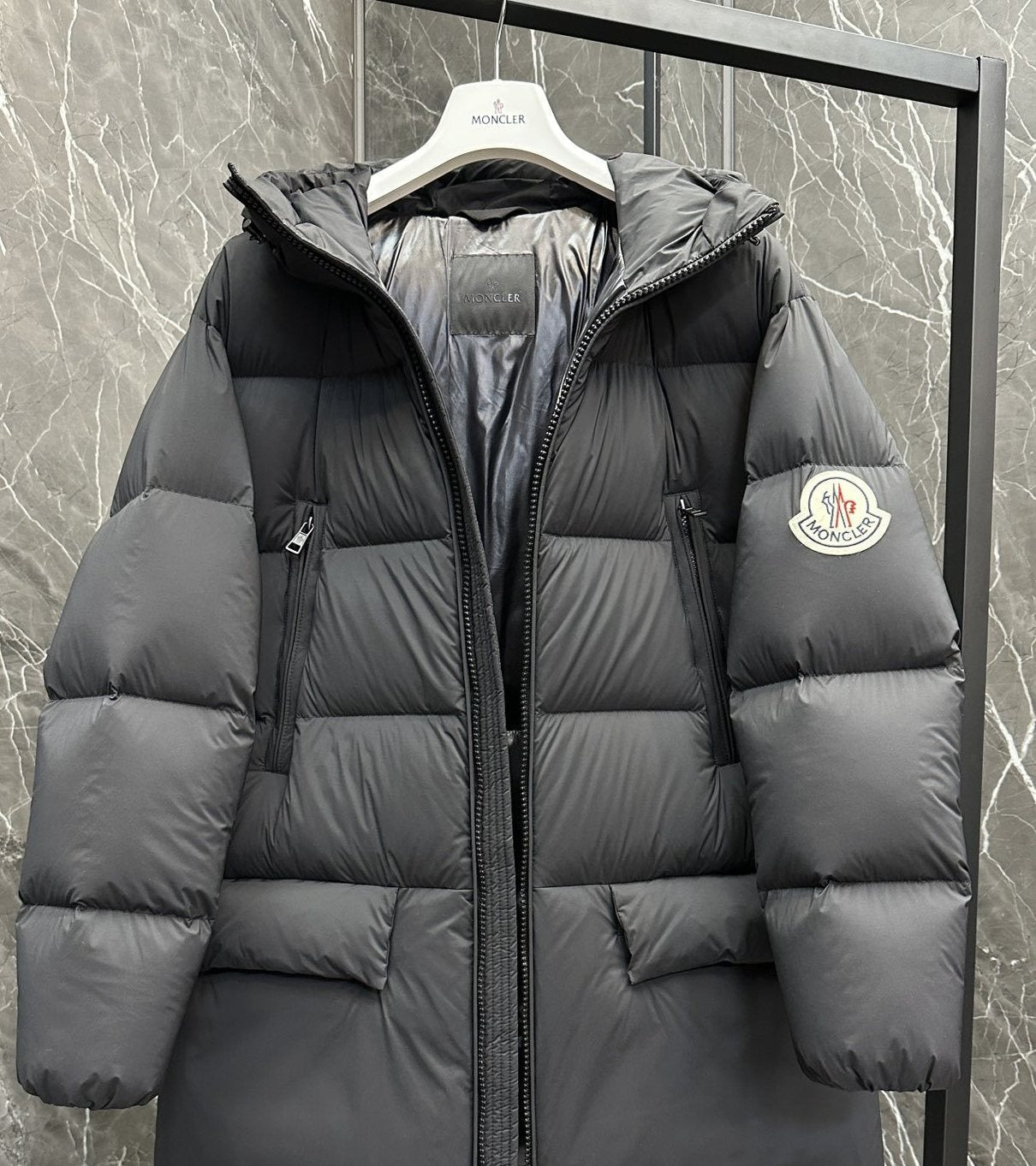 Moncler Bosona Black Long Hooded Down Coat — front
