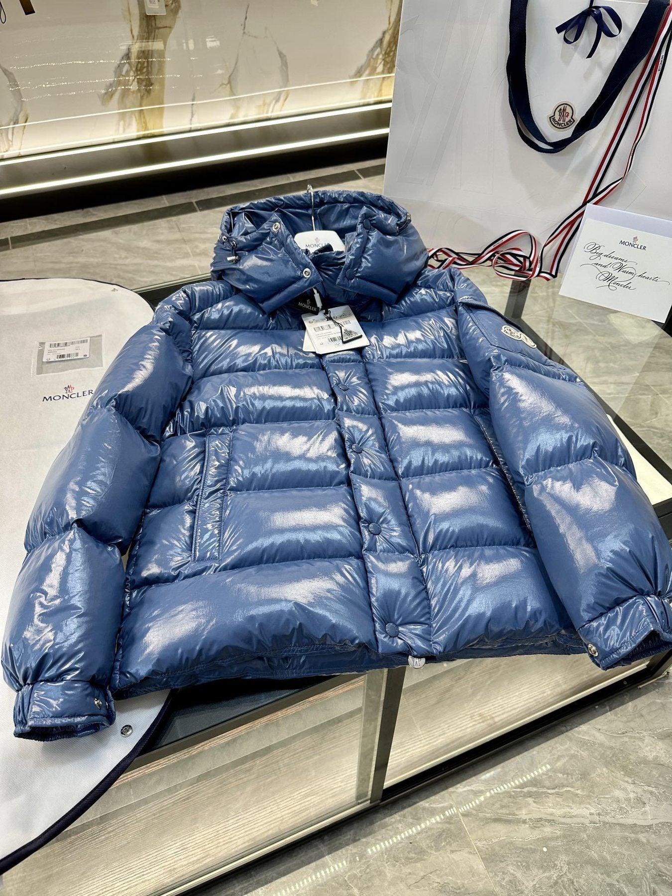 Moncler Maya 70 High-Shine Hooded Puffer Coat — hang_tag