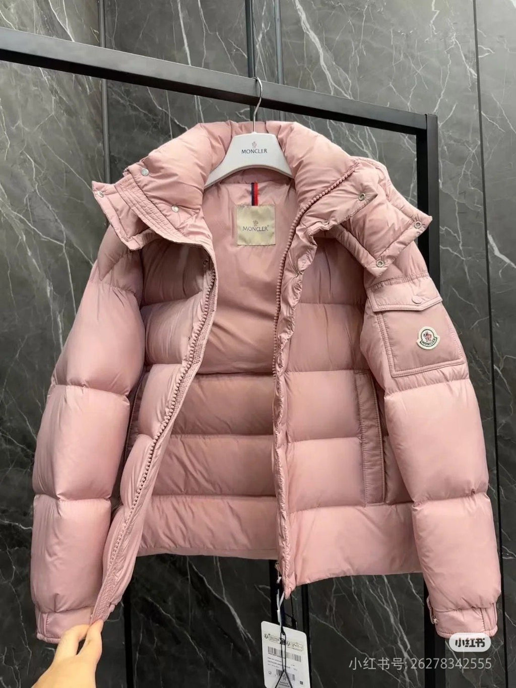 Moncler Matte Short Hooded Puffer Coat — detail