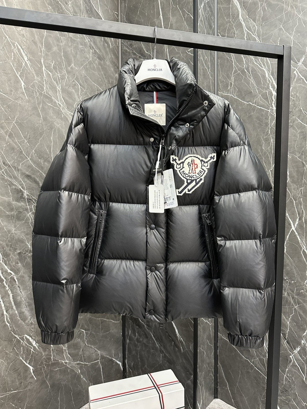 Moncler Pixel Skier Patch Short Down Coat — hang_tag