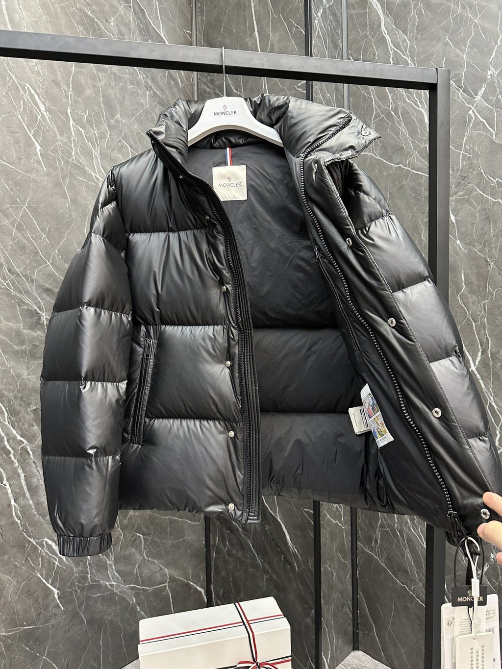 Moncler Pixel Skier Patch Short Down Coat — hang_tag
